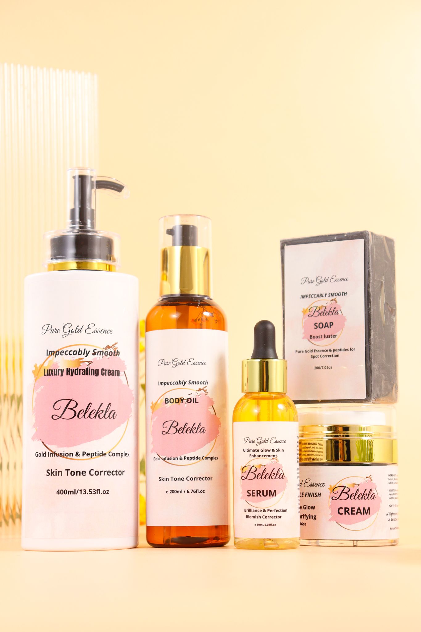 Belekla Gold Essence Skincare Set – Body Cream, Serum, Oil, Soap & Face Cream