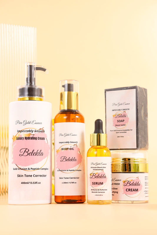 Belekla Gold Essence Skincare Set – Body Cream, Serum, Oil, Soap & Face Cream